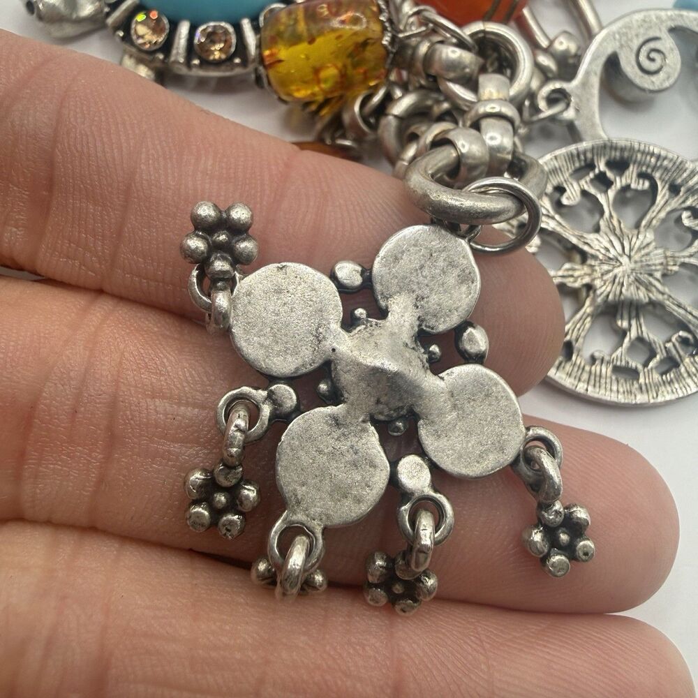 Vintage 925 Sterling Silver Mixed Charm Bracelet Turquoise Amber Frog Turtle 70g - Picture 10 of 14